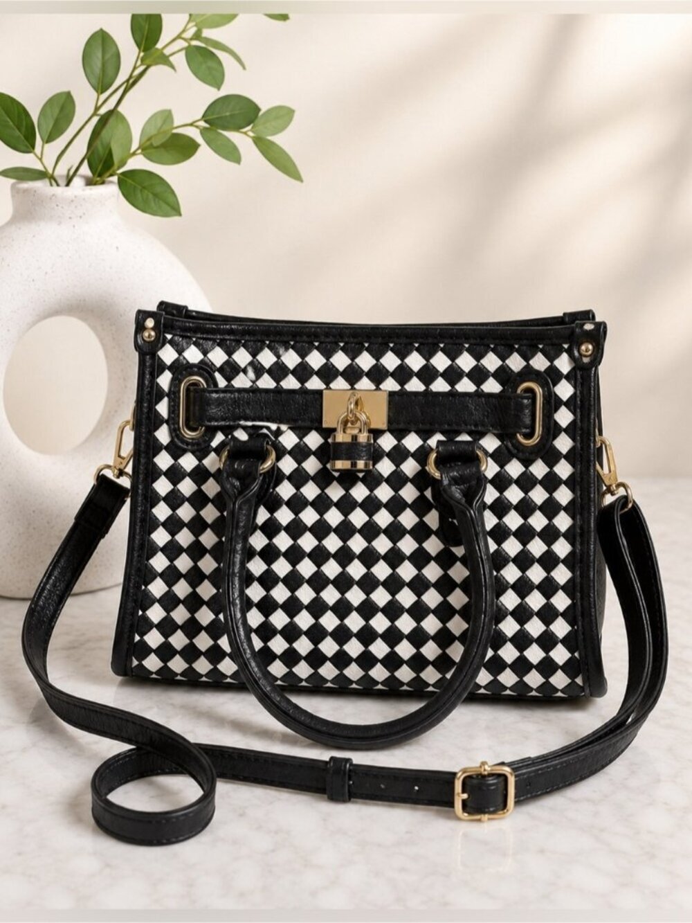 Charming Charlie Black White Woven Satchel Crossbody Handbag Gold Hardware